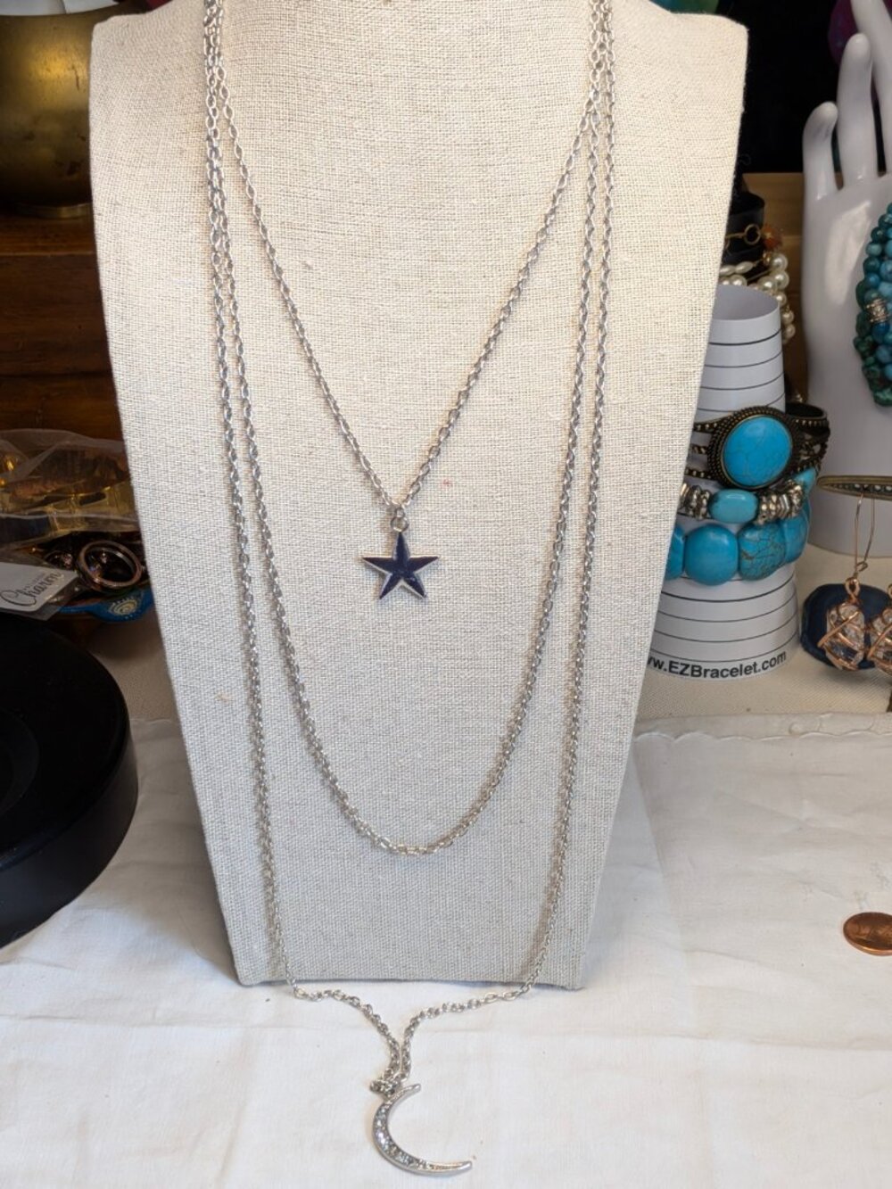 Layered Celestial Necklace – Silver Tone Star & Rhinestone Moon